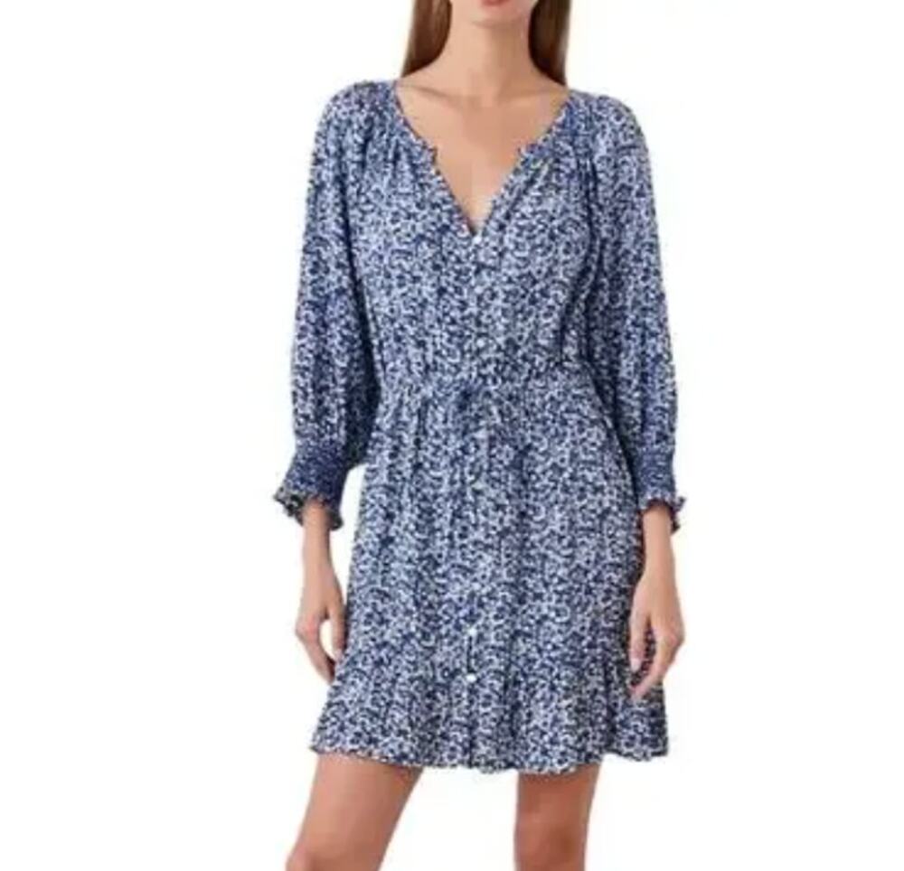Rails Eliza Dress Size Medium Blue Floral Button Front Dress Smocked Sleeve Boho